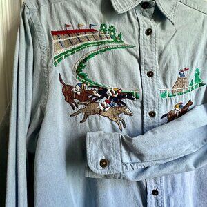 Vintage Ruff Hewn Men's Medium DIY Derby Horse Race Embroidered Denim Shirt